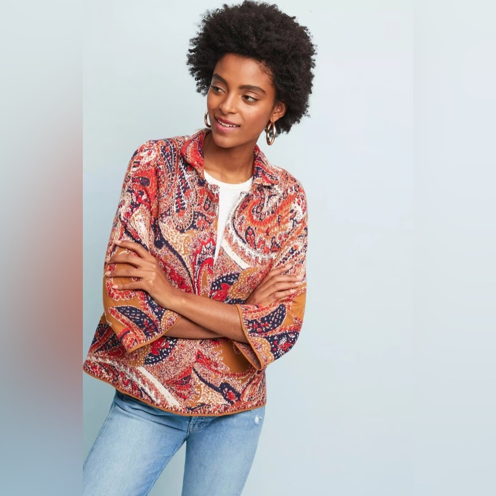 Anthropologie Moth Paisley Intarsia Sweater Knit Cardigan Jacket Blazer Size L